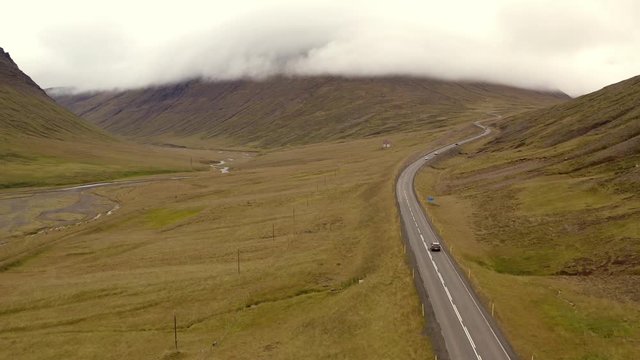 Cars on the road №1 in North Iceland by drone, Horgarsveit