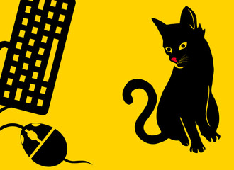 cat looking computer mouse in yellow background 