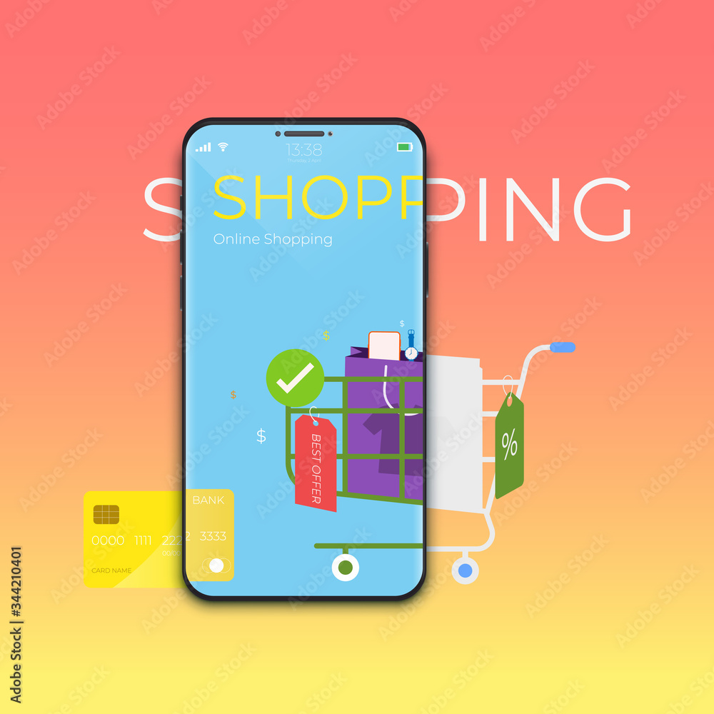 Poster Online shopping concept with mobile application technology. Digital marketing and e-commerce. vector illustration