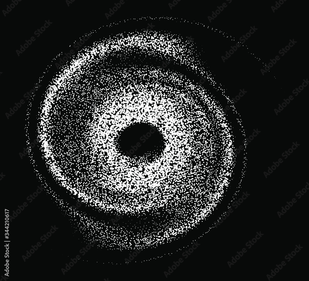 Poster cosmic nebula, swirl and spiral made of dots and particles.