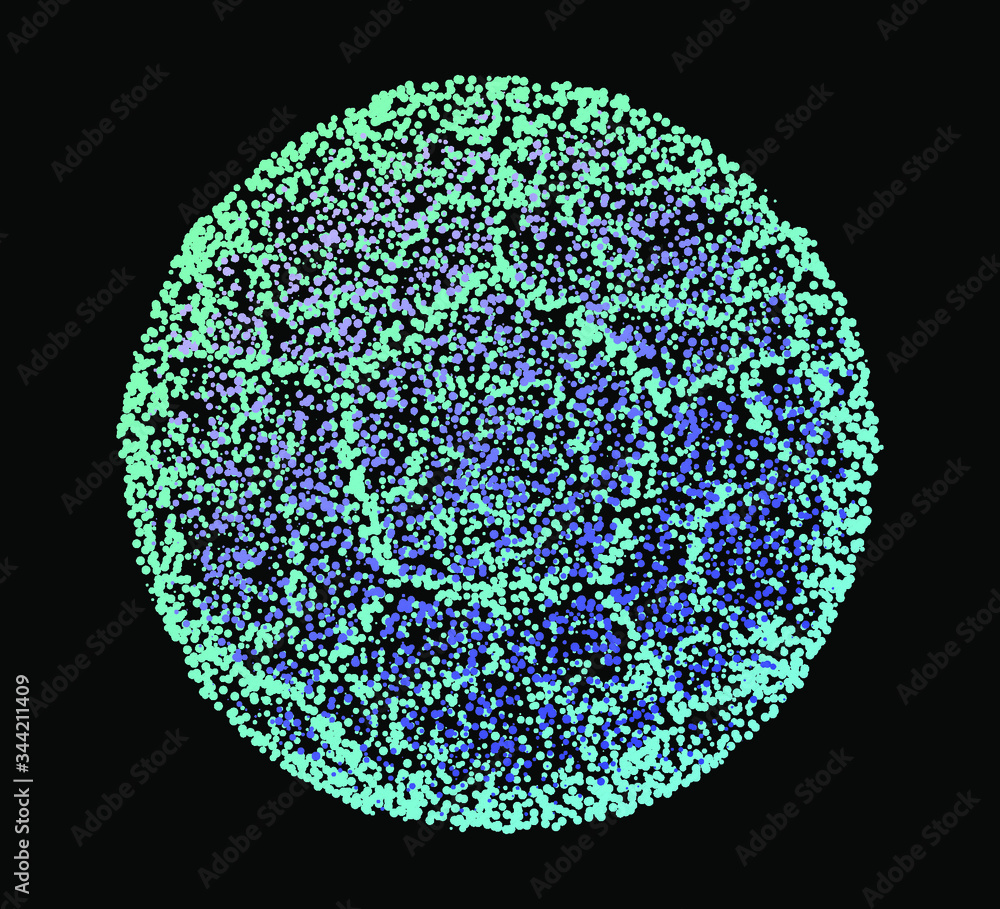 Poster Dotted sphere, globe made of particles on dark background. Conceptual abstract image of high tech systems, science, cosmic bodies.