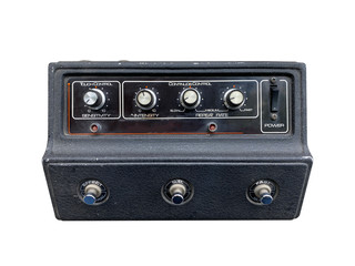 Isolated black vintage phaser stomp box guitar effect on white background with work path.