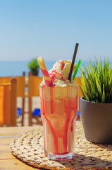Ice cream cocktail served on the beach