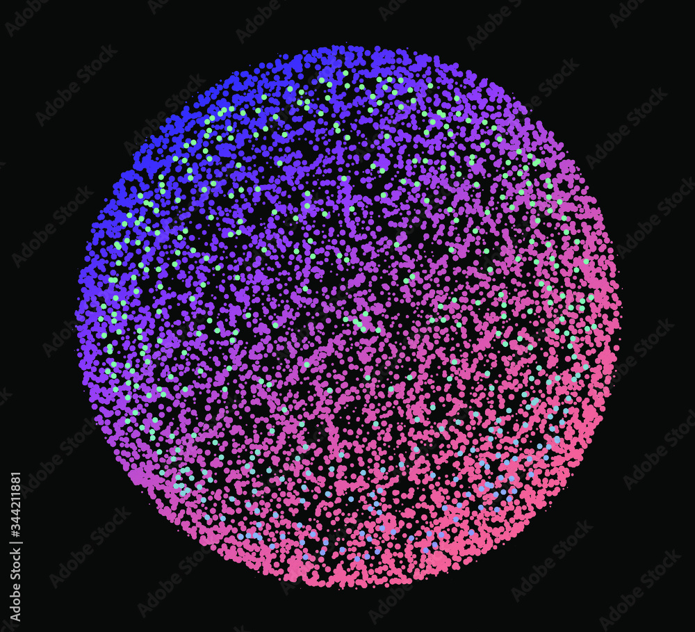 Poster Dotted sphere, globe made of particles on dark background. Conceptual abstract image of high tech systems, science, cosmic bodies.