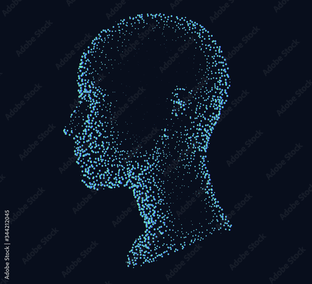 Aufkleber Silhouette of a human head made of dots and particles. Conceptual image of AI (artificial intelligence), VR (virtual reality), Deep Learning and Face recognition systems.