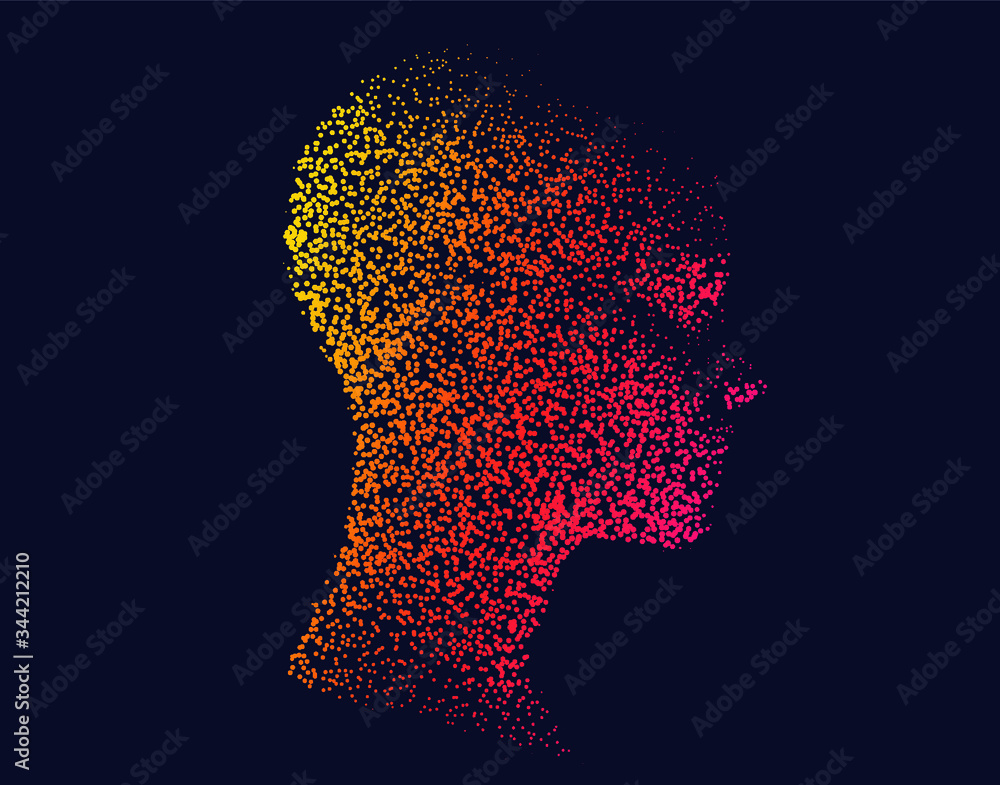 Poster Silhouette of a human head made of dots and particles. Conceptual image of AI (artificial intelligence), VR (virtual reality), Deep Learning and Face recognition systems.