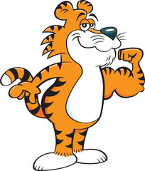 Cartoon illustration of a smiling tiger making a muscle.
