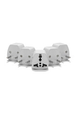Subject shot of a set consists of five universal adapters for a power socket. Each plug is made according to the European standard and has an entrance to both the American and the British connectors.