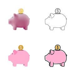 Set of piggy bank images in realistic, line art, outline, flat style. Deposite, money, coin. Vector illustration.