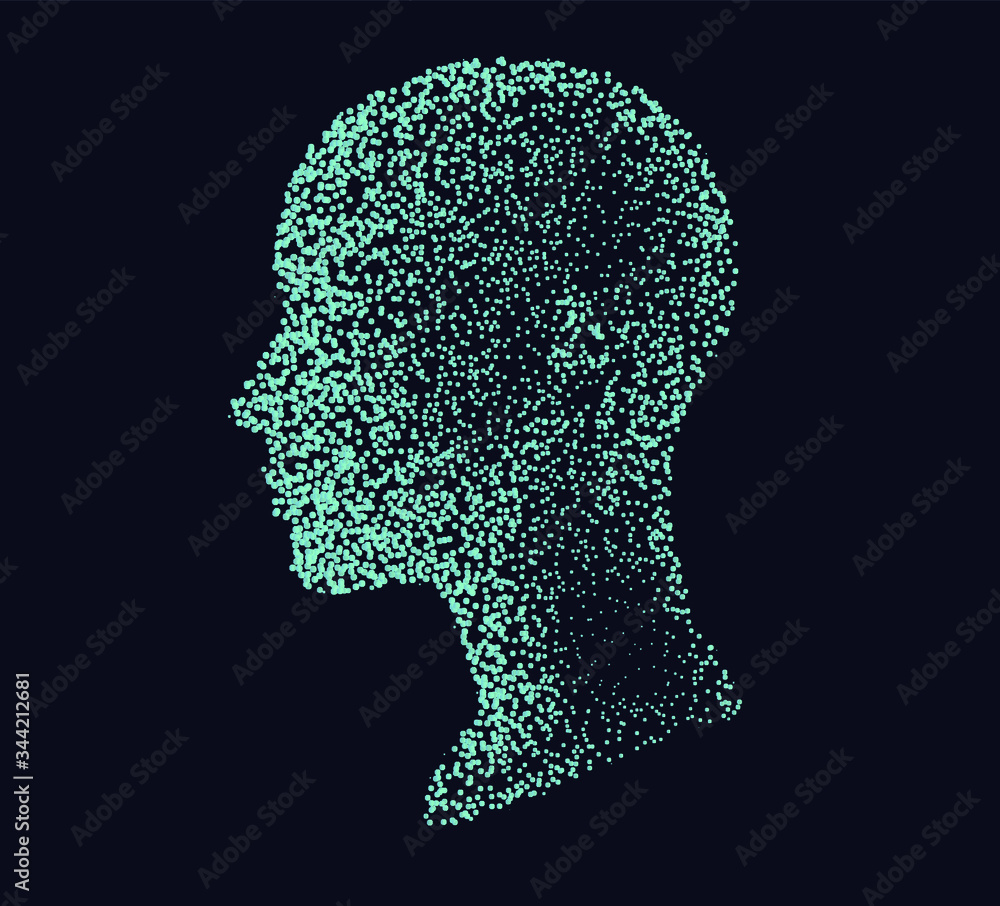 Poster Silhouette of a human head made of dots and particles. Conceptual image of AI (artificial intelligence), VR (virtual reality), Deep Learning and Face recognition systems.