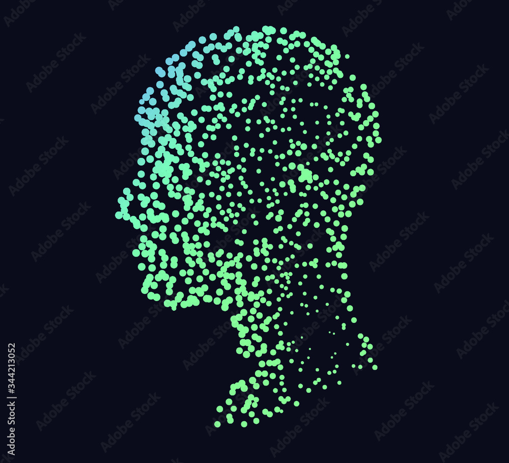 Poster Silhouette of a human head made of dots and particles. Conceptual image of AI (artificial intelligence), VR (virtual reality), Deep Learning and Face recognition systems.