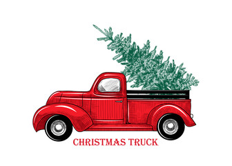 .Christmas truck. Vintage vector illustration Christmas red truck with a Christmas tree on a white background. Retro card. Color sketch.