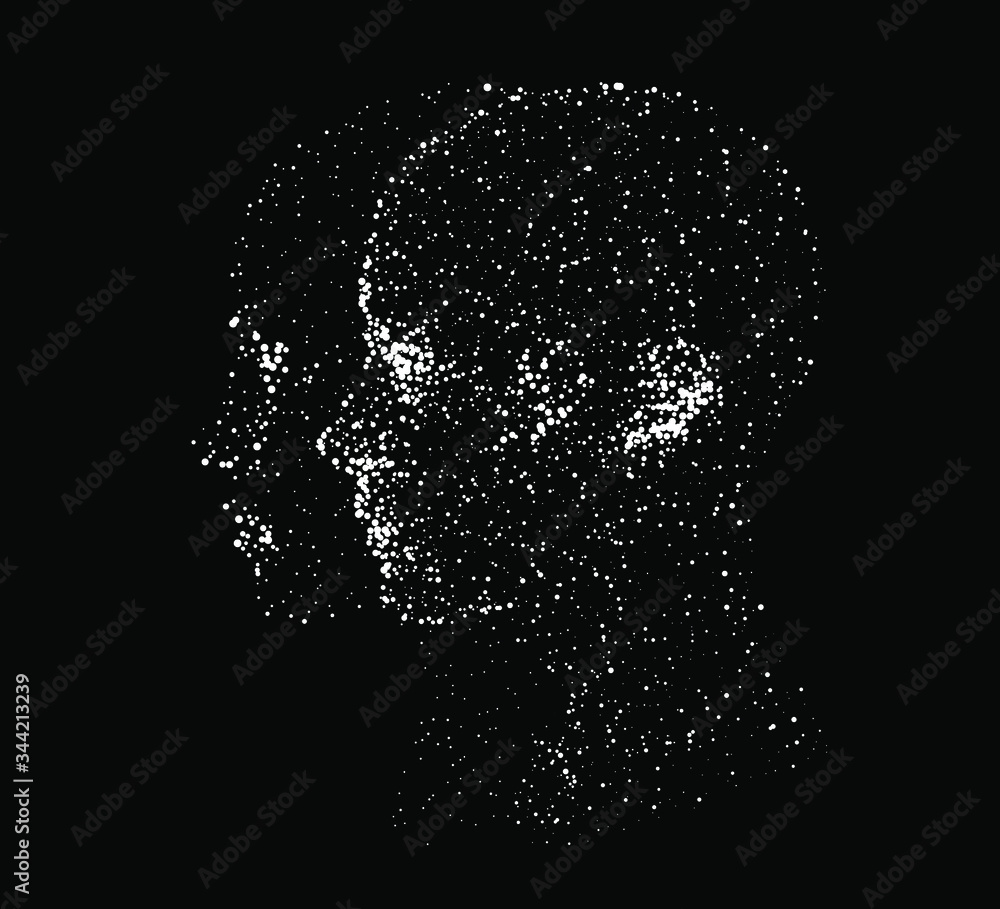 Poster Silhouette of a human head made of dots and particles. Conceptual image of AI (artificial intelligence), VR (virtual reality), Deep Learning and Face recognition systems.