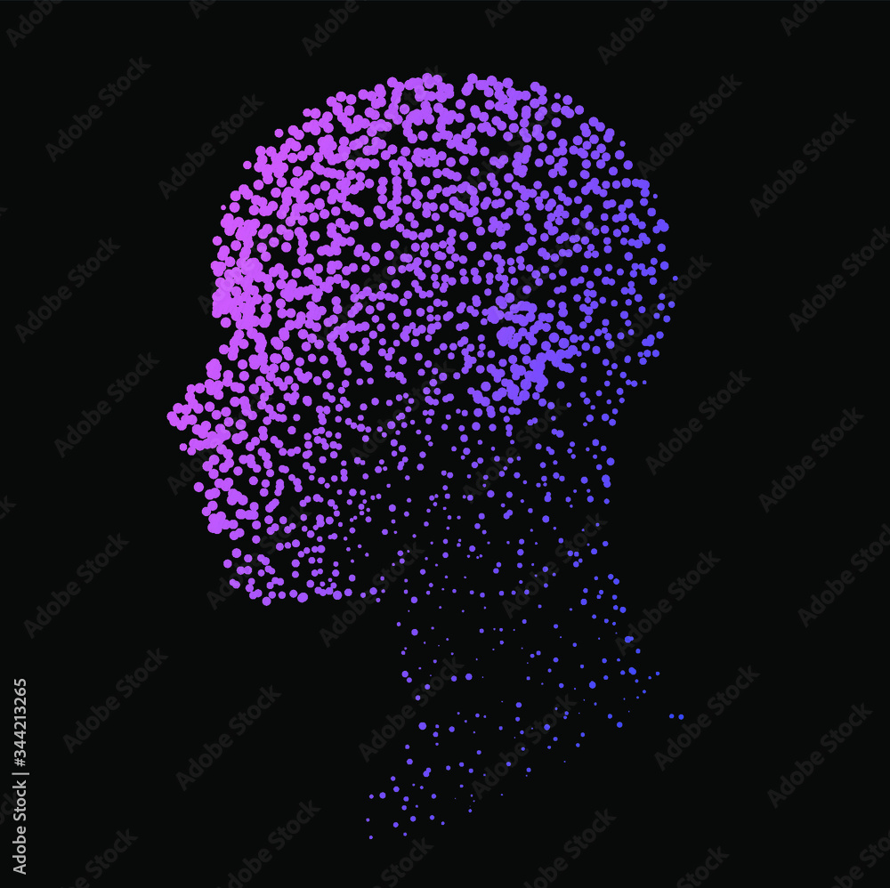 Poster Silhouette of a human head made of dots and particles. Conceptual image of AI (artificial intelligence), VR (virtual reality), Deep Learning and Face recognition systems.
