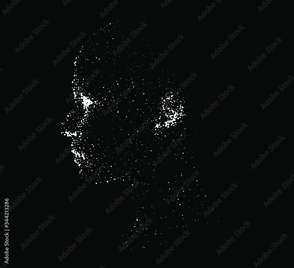 Aufkleber Silhouette of a human head made of dots and particles. Conceptual image of AI (artificial intelligence), VR (virtual reality), Deep Learning and Face recognition systems.