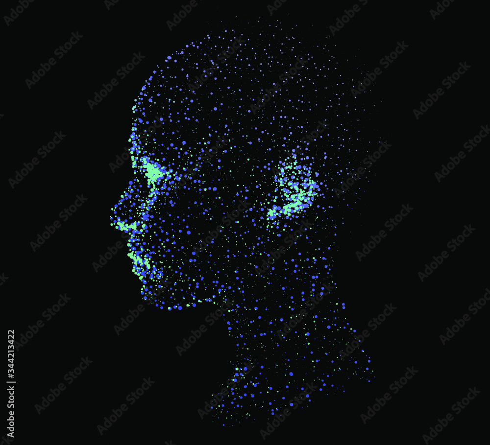 Poster Silhouette of a human head made of dots and particles. Conceptual image of AI (artificial intelligence), VR (virtual reality), Deep Learning and Face recognition systems.