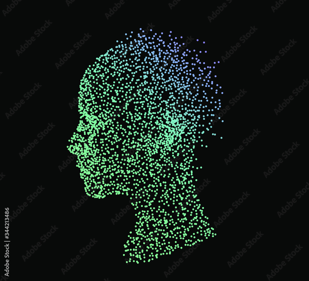 Aufkleber Silhouette of a human head made of dots and particles. Conceptual image of AI (artificial intelligence), VR (virtual reality), Deep Learning and Face recognition systems.