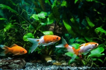 group of orange and koi colored goldfish, commercial aqua trade breed of wild Carassius auratus carp, bright popular coloration captive fish, favourite pets in nature planted tank
