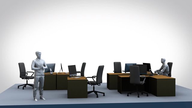 Social distancing in the office many table-human presence - 3D graphic animation on a white background