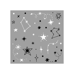 Vector collection of night sky elements. For the design of surfaces, prints, wrapping paper, cards, posters, banners, printing. Theme space, Cosmonautics Day, astronomy, stars