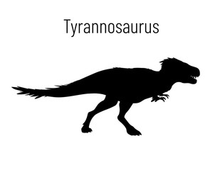 Tyrannosaurus. Theropoda dinosaur. Monochrome vector illustration of silhouette of prehistoric creature tyrannosaurus isolated on white background. Stencil. Fossil dinosaur. T-Rex.