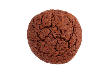 Simple single homemade brown fresh round dark chocolate cookie chip, object isolated on white, cut out, cracks. Top view, seen from above. Traditional easy to make sweet sugary treats, snacks concept
