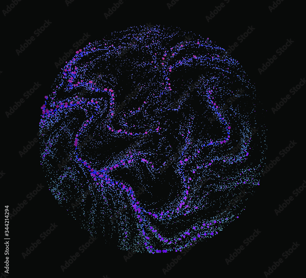 Poster Dotted sphere made with Generative art algorithm - Perlin gradient simplex noise for texture synthesis. Conceptual image of high tech systems: Artificial Intelligence, Deep Learning, Neural networks.
