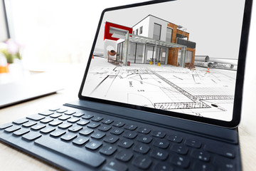 Présentation d'un projet d'architecte de construction d'une maison individuelle 3D sur ordinateur portable