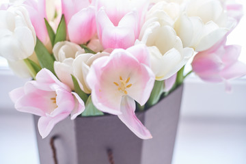 Beautiful bouquet tulips light pink and white flowers for 8 march or for your mom and perfect background closeup macro