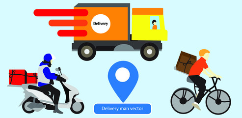  flat vector illustration of delivery service concept. Courier, Delivery man and bicycle courier.
