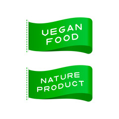 Tags of vegan food, organic product labels. Vector illustration.