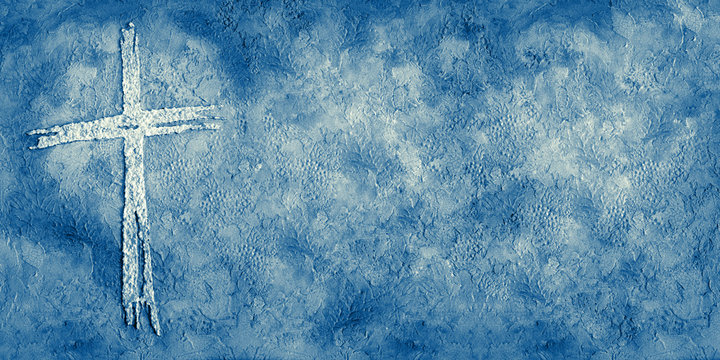 heavily textured cross in blue to warm white, gesso and paint effect