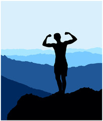 Black silhouette of a man standing on the top of the hill showing his strength. Mountains in the background. Black and blue vector illustration. 