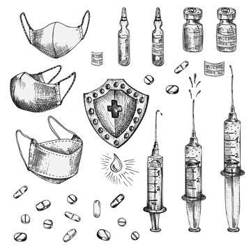 Set Of Ink Sketch Medical Icon Mask, Pills, Syringes, Injections, Drugs, Thermometer, Sanitizer, Scissors Isolated On White Background, Medicine Tools And Equipment. Vintage Engraving Style