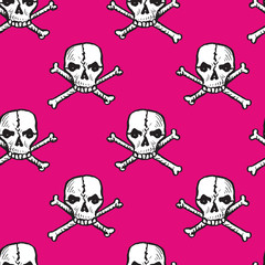 Skull and crossbones, hand drawn  doodle illustration, seamless pattern design on pink background