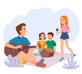  Picnic in Nature. Vector Table with Food and Drinks, Grill with Meat. Happy Summer Barbeque Illustration. Flat cartoon colorful vector illustration.