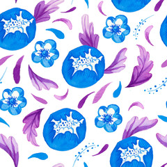 Watercolor seamless pattern with abstract flowers with leaves in blue and purple