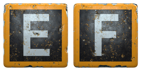 Public road sign orange and black color with a capital set of letters E, F in the center isolated on white background. 3d