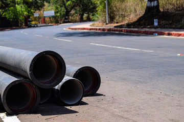 Close up of concrete pipe used in under ground derange construction