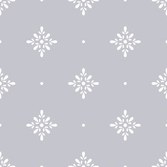 Floral polka dot geometric seamless pattern. White simple vector flowers on gray background. Simple vector geometric illustration. Polka dot abstract design for printing on textile, fabric, paper