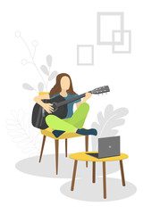 Vector illustration with a girl sitting on a chair and playing the guitar. Learning to play the guitar at home. Poster motivating to play a musical instrument. For sites, articles and online class