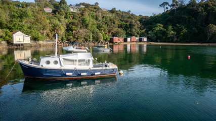 Fototapeta na wymiar Tropical harbor with anchored boats . Shot made on Stewart Island (Rakiura), New Zealand