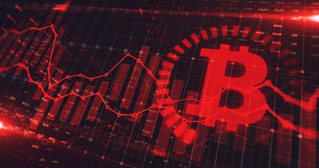 Stock market Bitcoin trading graph in red color as economy 3D illustration background. Trading trends and economic statistics.