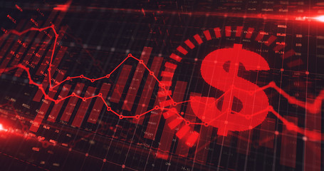 Stock market Dollar trading graph in red as economy 3D illustration background. Trading trends and economic statistics.