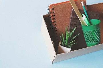 Flat lay photography carton box with paper notebook, pen, pencil, plant. Office supplies dismissed...
