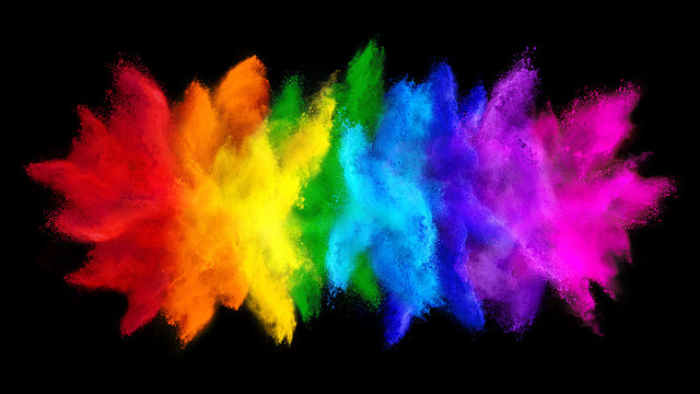 colorful rainbow holi paint color big  double powder explosion isolated dark black wide panorama background. peace rgb beautiful party concept