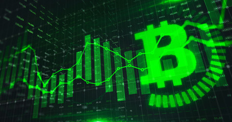 Stock market Bitcoin trading graph in green color as economy 3D illustration background. Trading trends and economic statistics.