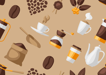 Seamless pattern with coffee icons. Food illustration of beverage items.