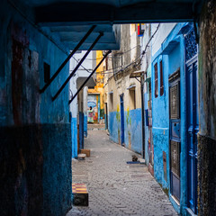 Blue colored alley in the medina of Tangier, Morocco
