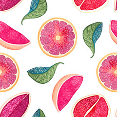 Hand-drawn watercolor seamless pattern with grapefruit slices and leaves on a white background. Raspberry, pink and red slices of citrus with veins.
